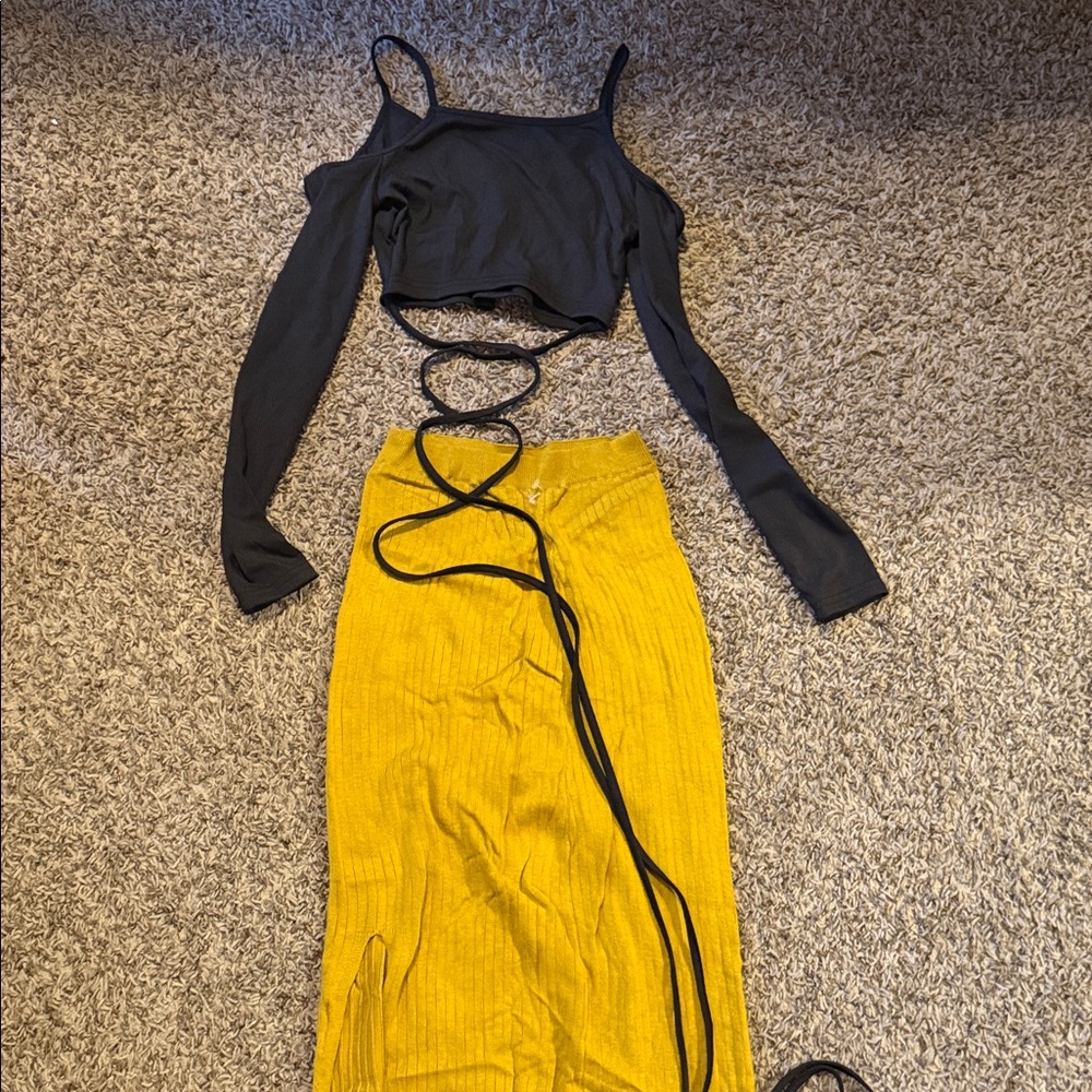 Black Crop Top and Yellow Skirt Set